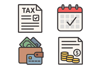 Tax time icon set vector. Finance, accounting and payment symbols. Tax form, calendar deadline, wallet with money, credit card and coins. Financial report or income concept.
