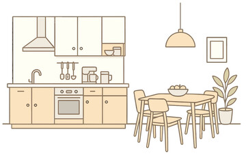 Modern kitchen and dining room interior. Home furniture and decor concept. Vector line art illustration. Minimalist apartment design for cooking and lifestyle background.