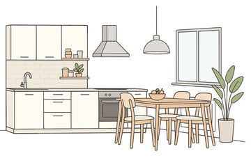 Modern kitchen and dining room interior. Vector illustration of home furniture. Cozy Scandinavian style apartment with table, chairs, oven. Line art for home decor design.