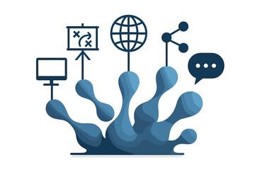 Business strategy and global communication concept. Vector illustration of digital marketing, online planning, worldwide network, and social media icons for corporate presentations.