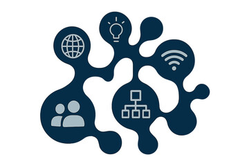 Business network technology concept. Global communication, teamwork, collaboration metaphor. Strategy, structure, process infographic. Icons for idea, wifi, globe, users, chart.
