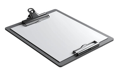 A gray clipboard with a blank white sheet of paper.  Metal clips secure the paper