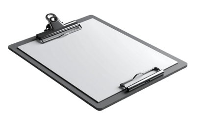 A gray clipboard with a blank white sheet of paper.  Metal clips secure the paper
