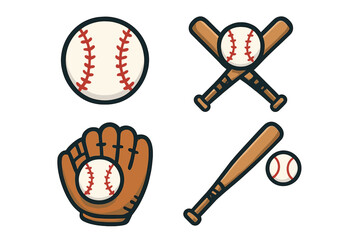 Baseball sport equipment icon set. Vector illustration of ball, bat, glove. Collection of game gear graphics. Crossed bats logo. Cartoon flat design elements for team.