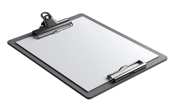 A gray clipboard with a blank white sheet of paper.  Metal clips secure the paper