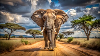 Fototapeta premium African Elephant Walking Down a Savanna Dirt Road Under a Dramatic Sky