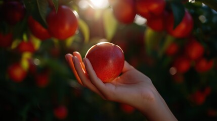Hand holding a red peach in front of a tree with green leaves. the background is blurred, but it appears to be an orchard with more red peaches hanging from the branches.