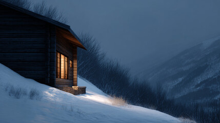 Fototapeta premium Cozy cabin in a snowy landscape at twilight — a serene retreat