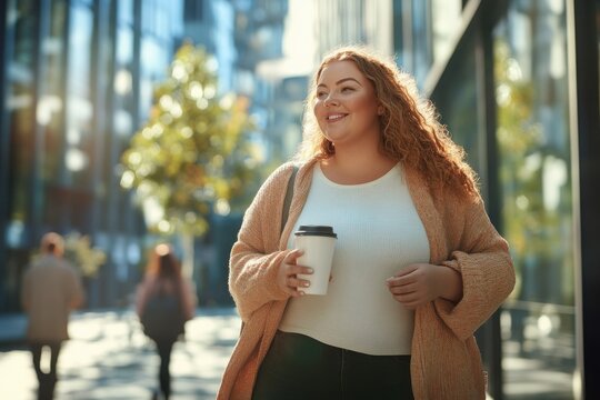 A smiling plus size woman holding a coffee cup while walking through a modern urban area on a sunny day