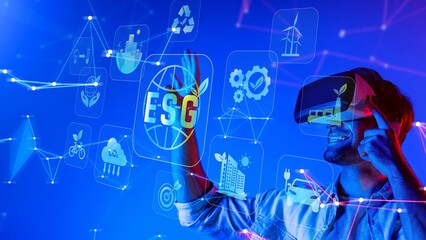 A person enjoys a virtual reality experience, interacting with ESG-themed graphics, symbolizing innovation towards sustainable development and future growth. Raster