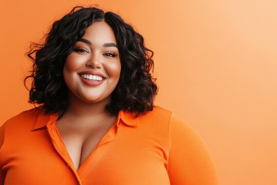 A plus size woman with curly black hair wearing an orange dress, smiling brightly against a vibrant orange background