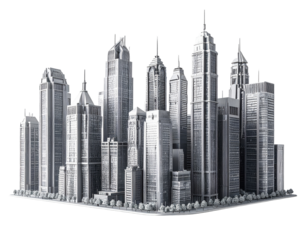 Monochrome city skyline model.  Modern skyscrapers.  Detailed urban architecture.  Geometric forms.  Solid gray tones.  Base of city
