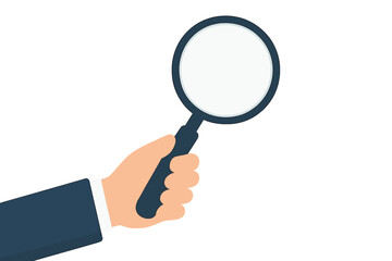 Hand holding magnifying glass vector illustration in flat design, transparent background, close-up search tool, business investigation, discovery and analysis concept