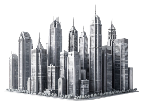 Monochrome city skyline model.  Modern skyscrapers.  Detailed urban architecture.  Geometric forms.  Solid gray tones.  Base of city