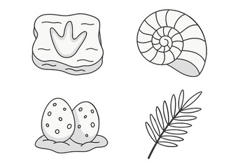 Prehistoric icon set. Dinosaur footprint fossil, ammonite shell, eggs in nest, fern leaf. Paleontology vector symbols. Archeology discovery cartoon outline collection.