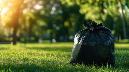 Black garbage bag on green grass in the park