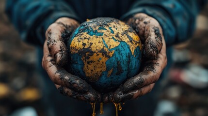 Hands Holding a Dirt-Covered Globe Symbolizing Care for the Environment and environmental awareness in the face of growing ecological challenges