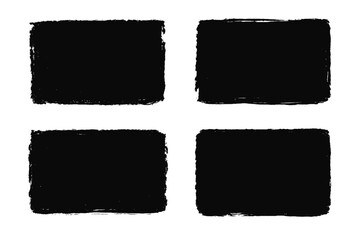 Set of grunge rectangle shapes. Black painted vector frames. Distressed brush stroke borders collection. Vintage textured banners isolated on transparent background. Ink splash.