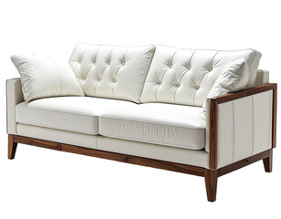 Fototapeta premium Cream leather sofa with wood frame. Classic, tufted design