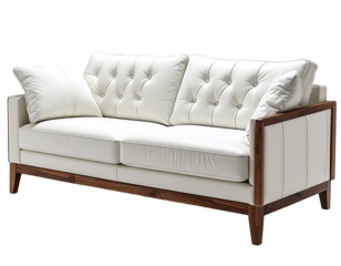 Cream leather sofa with wood frame.  Classic, tufted design