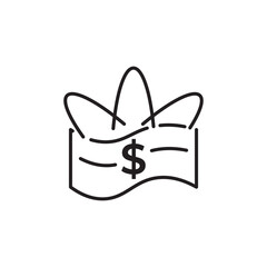 Editable stroke line icon featuring a money with a dollar sign and crown, representing luxury shopping, wealth, and premium retail. Perfect for e-commerce platforms, websites, branding, and marketing.