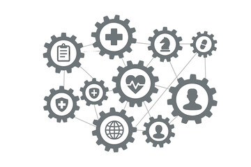 Health care system concept. Interconnected gear mechanism with icons for medical services, patient data, insurance, pharmacy, global network, and strategic planning. Infographic.