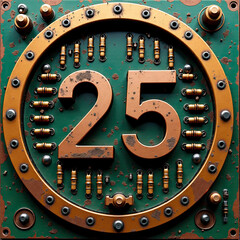 Grungy copper 25 on a riveted, worn green and gold metal plate