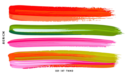 Four horizontal brush strokes of vibrant colors,  a mix of red, orange, green, and pink,  on a black background.  Brushstrokes have varied texture, some with visible brush marks