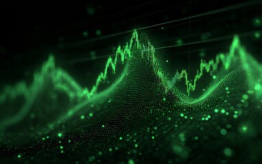 a green digital background with glowing vertical lines and particles, creating an abstract futuristic pattern on a black background.