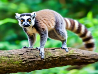 Obraz premium Curious Lemur on a Branch in Tropical Green Jungle Environment