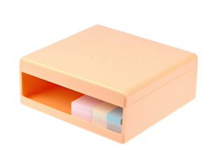 Peach-colored storage box for sticky notes.  Inside, colorful sticky notes are visible