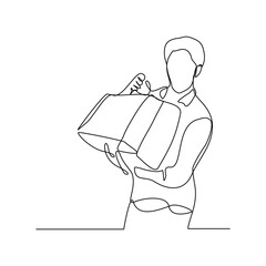 Continuous singe line of happiness man holding paper shopping bags. Vector illustration editable stroke sketch drawing of shopper big sale consumerism