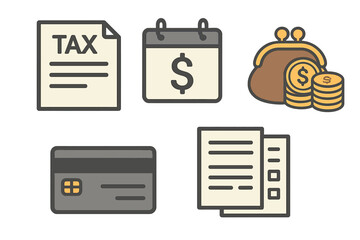 Tax and finance icon set vector collection. Business and economy concept. Tax form, money payment day calendar, cash coin purse, credit card. Accounting and budget symbols.