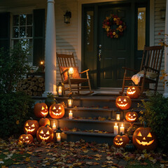 Obraz premium Cozy front porch decorated for Halloween with glowing jack-o’-lantern pumpkins, candles, rocking chairs, autumn leaves, and festive wreath. Warm seasonal atmosphere perfect for Halloween invitations, 