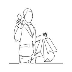 Continuous singe line of happiness man holding paper shopping bags. Vector illustration editable stroke sketch drawing of shopper big sale consumerism