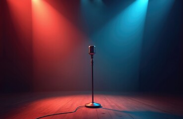 Retro microphone stands alone on empty stage. Dramatic red and blue lights illuminate the dark venue. Floorboards gleam under stage lighting. Solo performer awaits.
