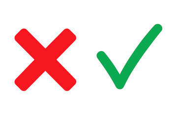 Red cross and green tick vector icon set. Yes and no check marks. Right and wrong signs for evaluation test or quiz. Correct and incorrect, approve and reject symbols.