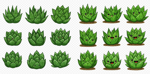 Cartoon succulent plants with and without cute faces, in various shapes and sizes, on a transparent background.