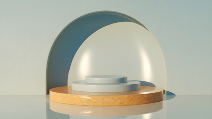 A simplistic rendering of a three tiered platform under a glass dome with a blue arch behind it