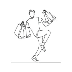 Continuous singe line of happiness man holding paper shopping bags. Vector illustration editable stroke sketch drawing of shopper big sale consumerism