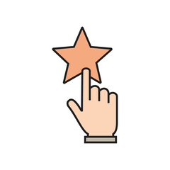 Hand cursor finger pointing to a single peach star icon on a white background Keywords: hand, cursor, finger, pointing, touch, click, select, choose, star, rating, review, feedback