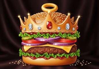 A majestic hamburger wearing a golden crown adorned with jewels, symbolizing the king of burgers