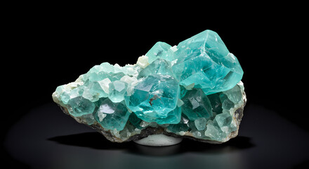 Fototapeta premium Mesmerizing Aqua Crystal Cluster: Natural Mineral Specimen Featuring Vibrant Teal Hues Against a Dark Background, Perfect for Geology Enthusiasts