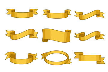 Gold ribbon banner vector set. Golden elegant scroll shapes isolated on white background. Illustration for celebration, award, Christmas decoration, label, or sale tag design.