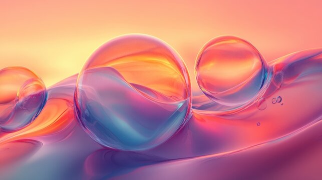 Colorful Water Bubbles on Soft Gradient Background at Sunset Glow