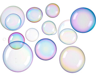 Colorful, iridescent soap bubbles, various sizes, overlapping
