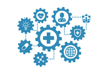 Healthcare mechanism concept. Interconnected gears with medical icons. Health system strategy. Global medicine, care, network, and innovation. Abstract vector illustration.