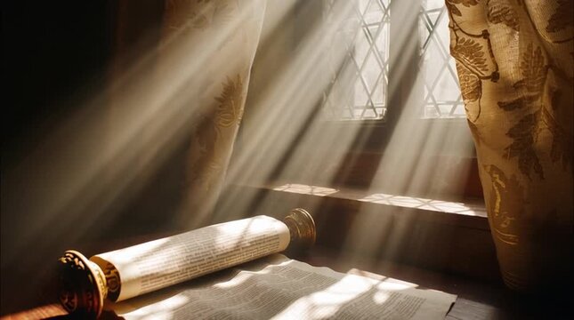 Cinematic shot of a brilliant sunbeam from a high window illuminating an open scroll of Isaiah&rsquo;s prophecy in Mary&rsquo;s room &mdash; the moment the angel appears.
