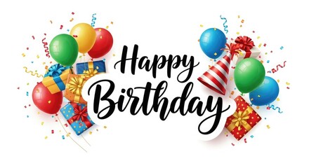 Happy Birthday Text Surrounded by Balloons and Gifts