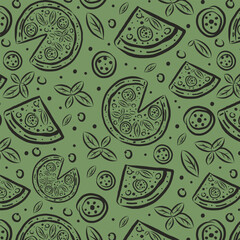 Vector seamless pizza background featuring slices, tomatoes, and basil. Ideal for cafe menus, kitchen decor, delivery packaging, and Italian food promotions.